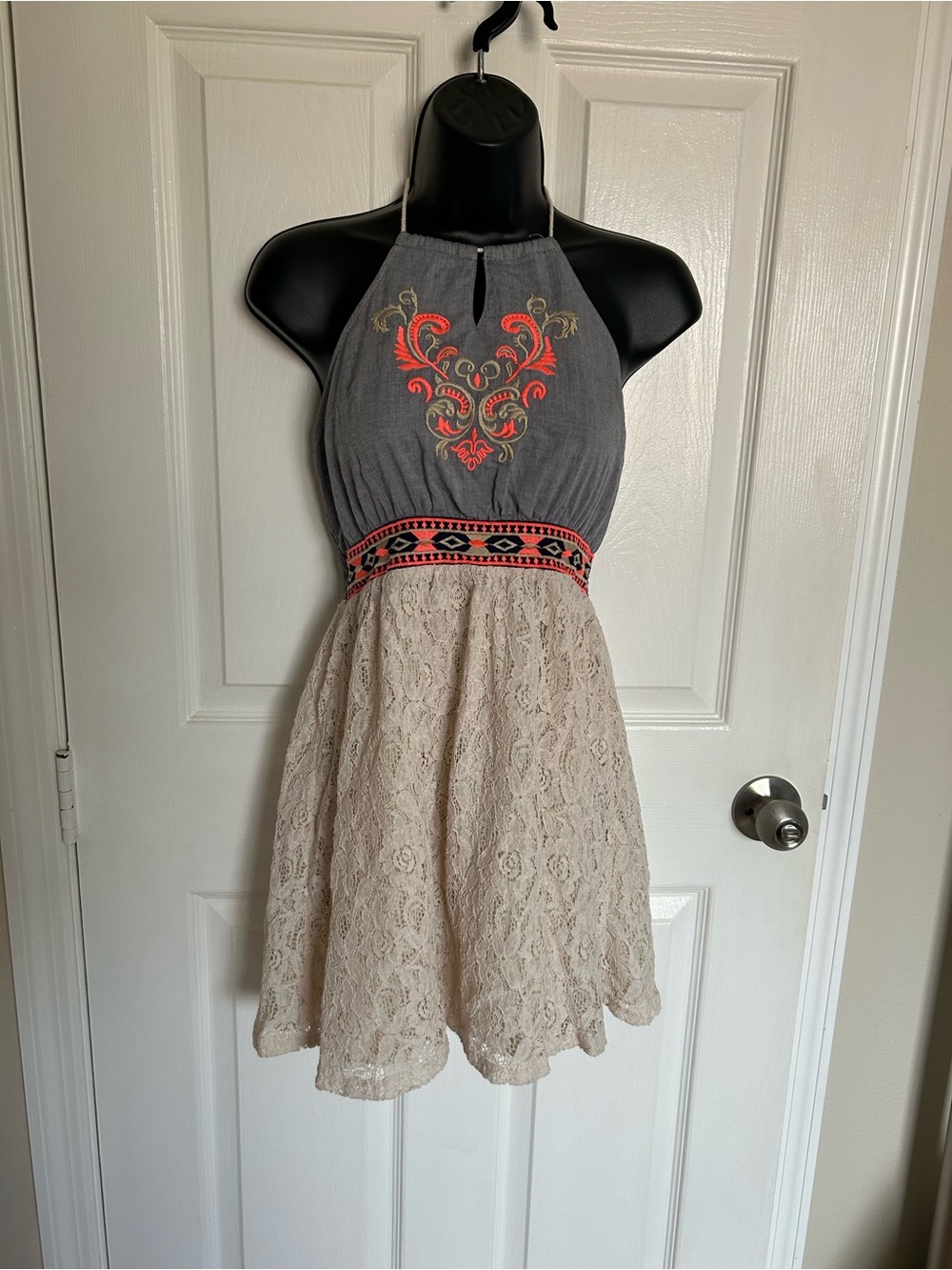 Flying Tomato Grey Halter Mini Dress with Coral Embroidery and Cream Lace Skirt